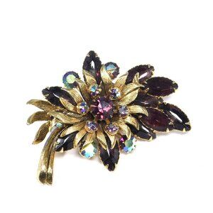 Vintage SELINI Brooch Pin Layered Gold Leaf Garnet Marquise & AB Stones SIGNED